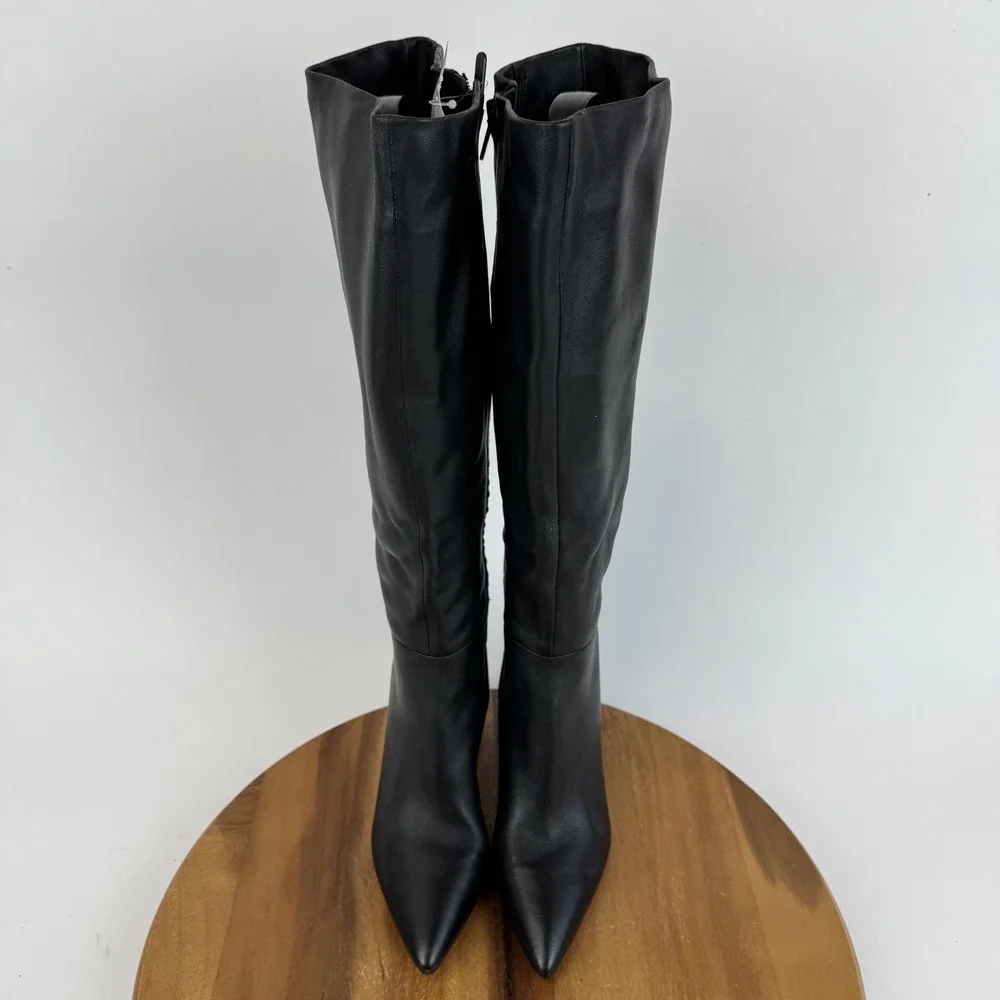 Womens Vince Pilar Black Leather Knee High Heeled Riding Boots Size 7 M WC GUC - Picture 4 of 9